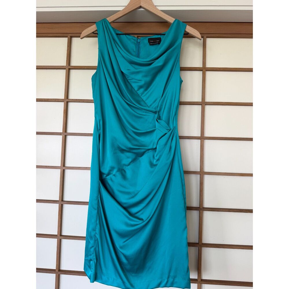 Max & Cleo Dress Size 2 Teal Satin Cowl Neck Draped Sleeveless Cocktail